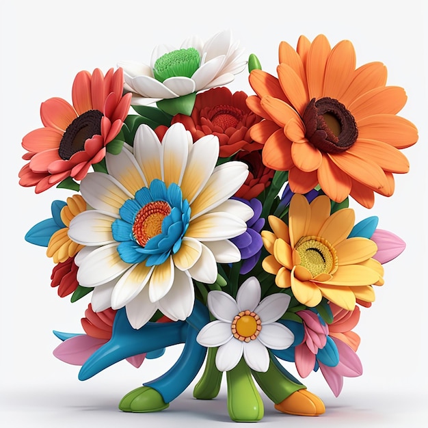 3D colorful flowers are a bunch of multicolor flowers Bright white background