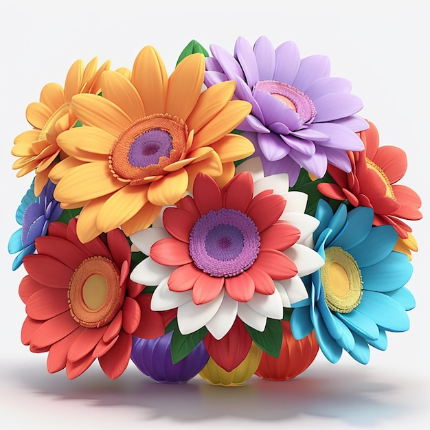 3D colorful flowers are a bunch of multicolor flowers Bright white background