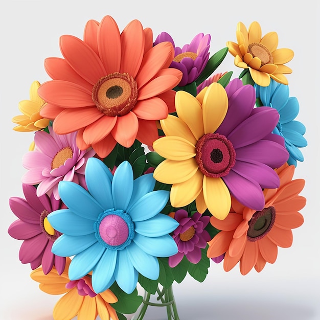 3D colorful flowers are a bunch of multicolor flowers Bright white background