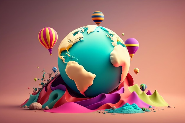 3d colorful globe map with hot air balloons isolated on clean background World Earth day concept