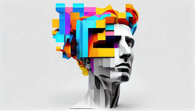 3D Colorful Pixel Head Abstract Futuristic Sculpture In Modern Art Style NFT Cryptoart Concept