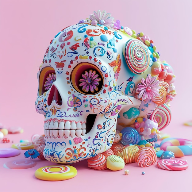 Photo 3d colorful sugar skull with candy and floral designs hyperrealistic mexican folk art style on pink background