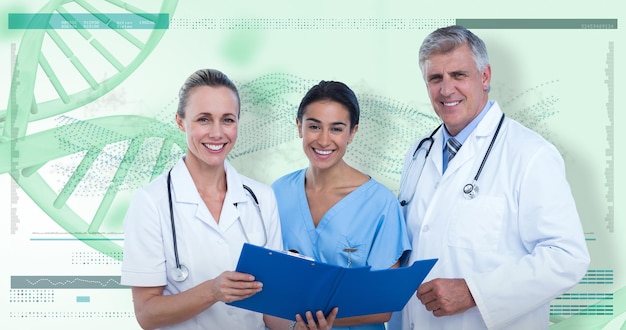 3D Composite image of portrait of happy doctors and nurse with clipboard