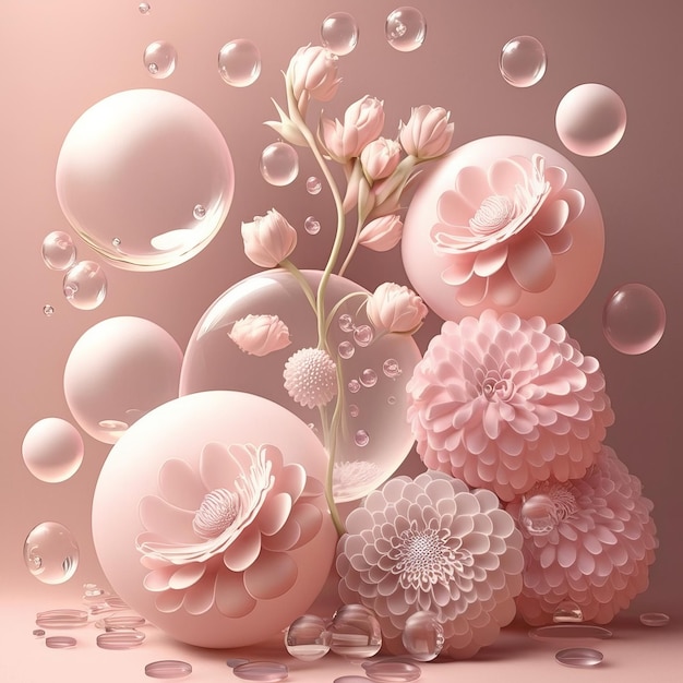 3d composition bubbles and flowers Generative AI