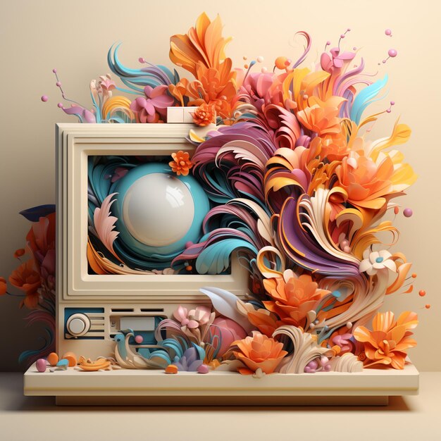 A 3D Computer icon in artistic strokes against a pastel canvas ideal for creative and designorient