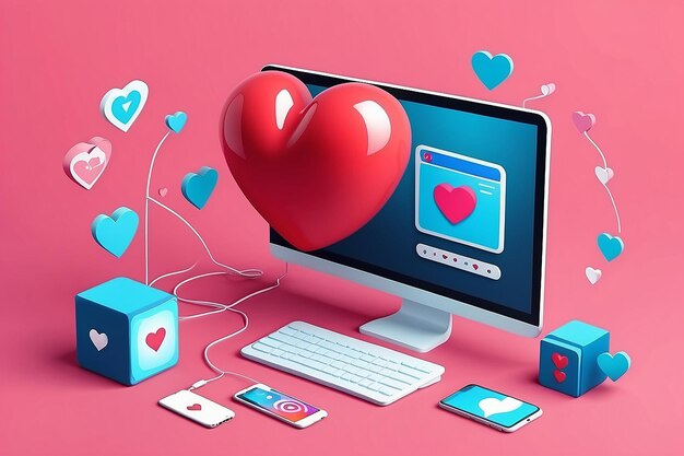 Photo 3d computer and person with heart social media concept trendy and modern vector in 3d style