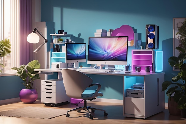 3d computer workstation with desk in room