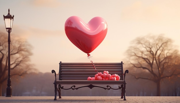 a 3D concept of a heartshaped balloon gently tied to a bench