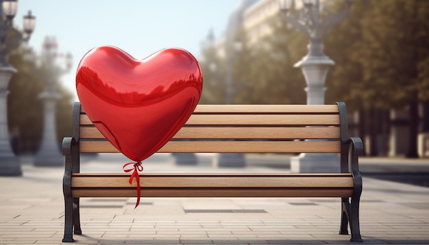 a 3D concept of a heartshaped balloon gently tied to a bench