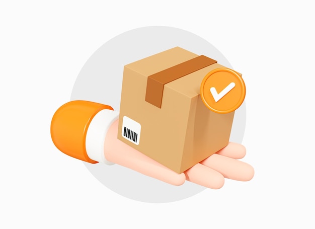 Photo 3d concept of package delivered by courier hand holding parcel with check mark