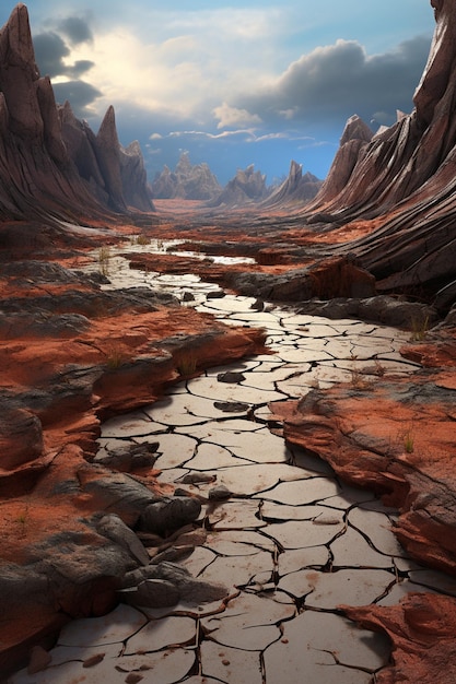 a 3D conceptual image of a cracked earth landscape slowly being revived by a gentle rain