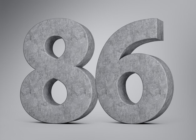 Photo 3d concrete number eighty six 86 made of grey concrete stone grey background 3d illustration