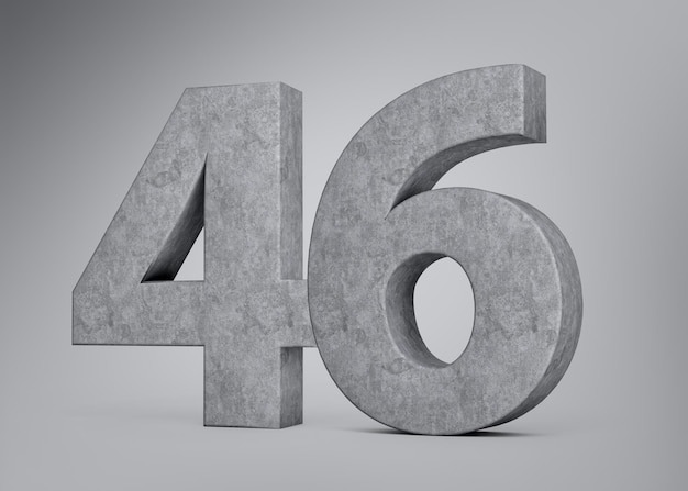 Photo 3d concrete number forty six 46 digit made of grey concrete stone grey background 3d illustration