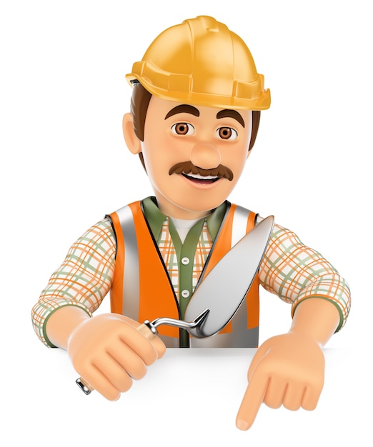 3D Construction worker with a trowel pointing down. Blank space