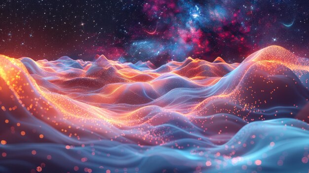 3d Cosmic Landscape Featuring Celestial Wavy Lines and Galactic Elements