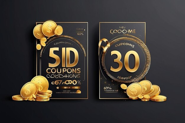 Photo 3d couple of coupons with promotional code percentage with golden coins