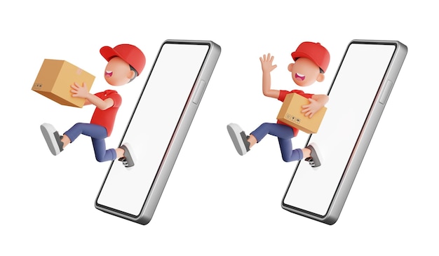 3d courier running with cardboard box out from smartphone