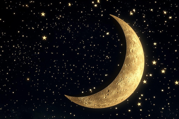 3D crescent moon and stars glowing against a dark background