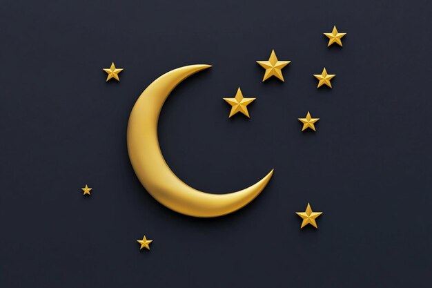 3D crescent moon surrounded by golden stars