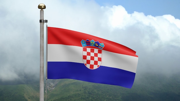 3D, Croatian flag waving on wind at mountain. Close up of Croatia banner blowing, soft and smooth silk. Cloth fabric texture ensign background.