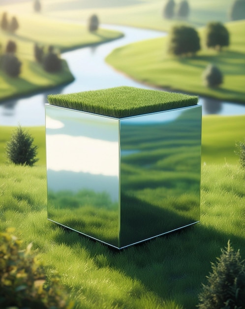 Photo a 3d cube with grass growing out of it