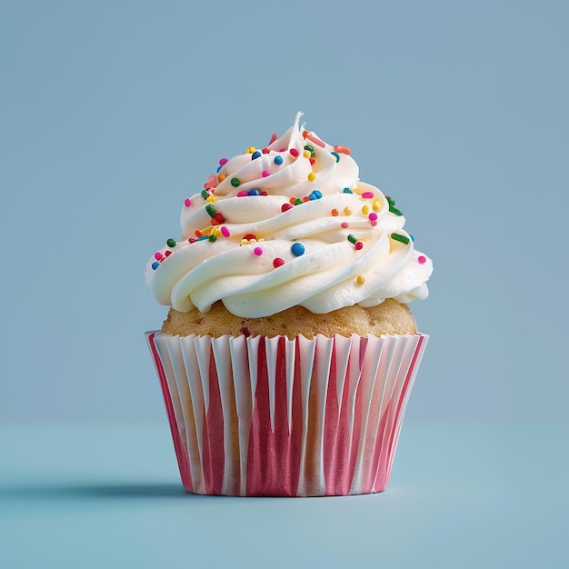 3D cupcake with white cream and colorful sprinkles on a pastel blue background