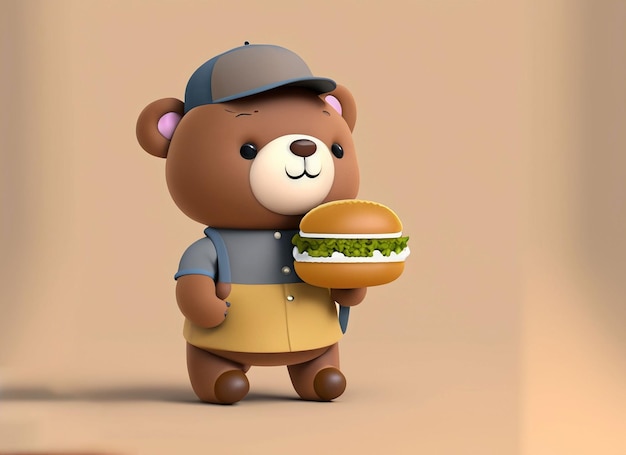 3d cute baby brown teddy bear holding a cap and wearing a dress in his hand bugger solid background