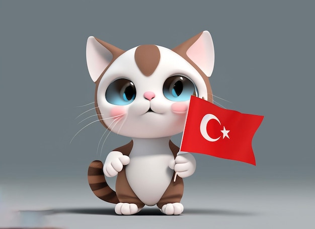 3d cute baby cat holding Turkish flag with solid background