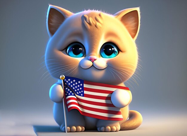 3d cute baby cat holding USA flag in hand