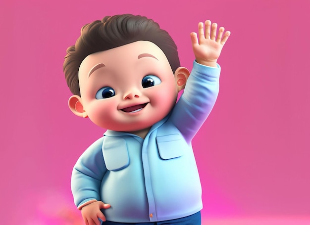 3d cute baby doing hand raise with pink background