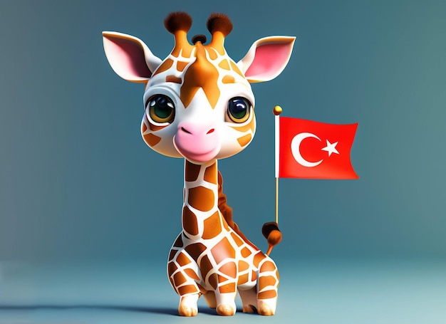 3d cute baby giraffe holding Turkish flag with solid background