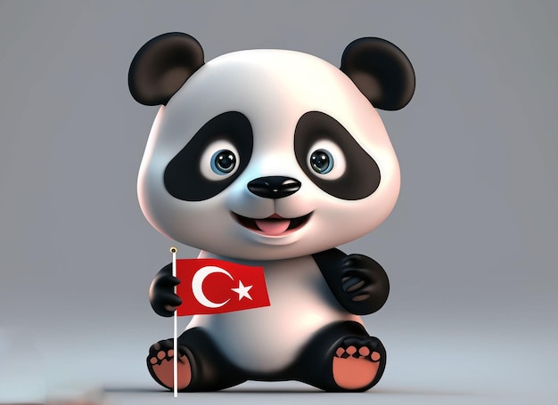 3d cute baby panda holding Turkish flag with solid background