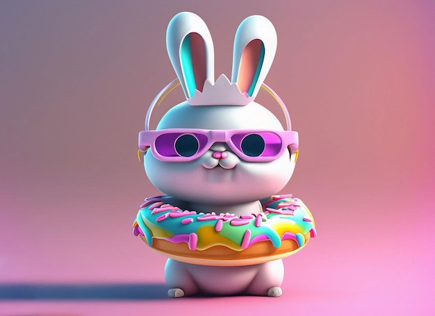 3d cute baby pink bunny holding a cap and wearing a dress in his hand donut solid background