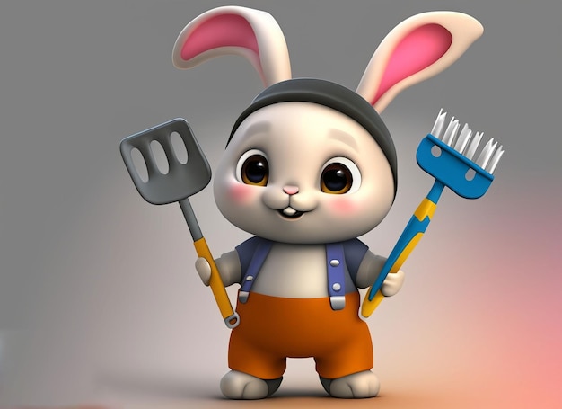 3d cute baby rabbit holding plague tools in hand