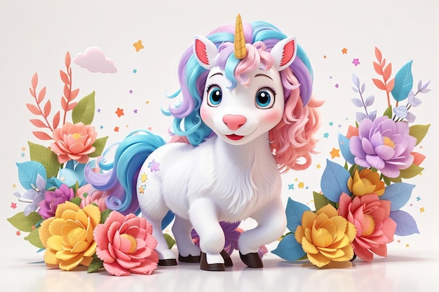 3d cute baby unicorn with flower on white background