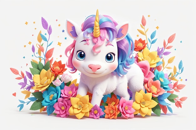 3d cute baby unicorn with flower on white background