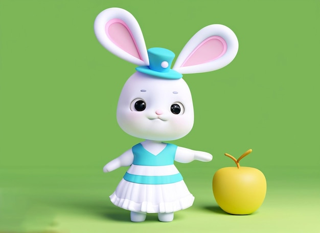 3d cute baby white bunny holding a cap and wearing a dress in his hand an apple solid background