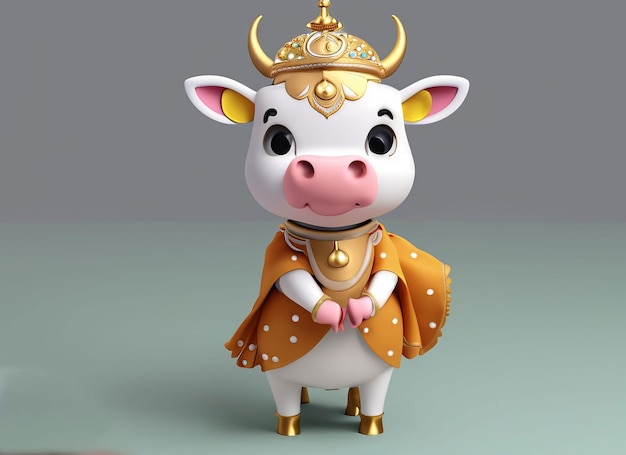 3d cute baby white cow holding and wearing a ghagra in his with a crown solid background