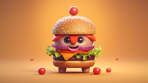 3d cute Beef burger with cheese tomatoes red onions illustration