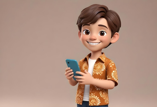 3D cute boy cartoon character wearing batik with phone in hand Advertising model concept