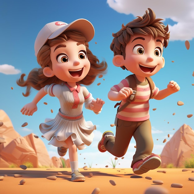 3D Cute Boy and Girl Running Together Smiling