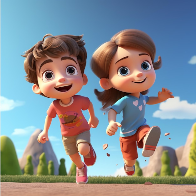 3D Cute Boy and Girl Running Together Smiling