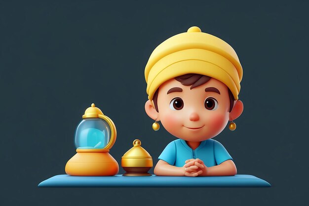 3d Cute boy Muslim prayer cartoon