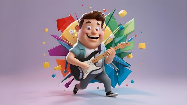 3d cute cartoon character a man playing a guitar