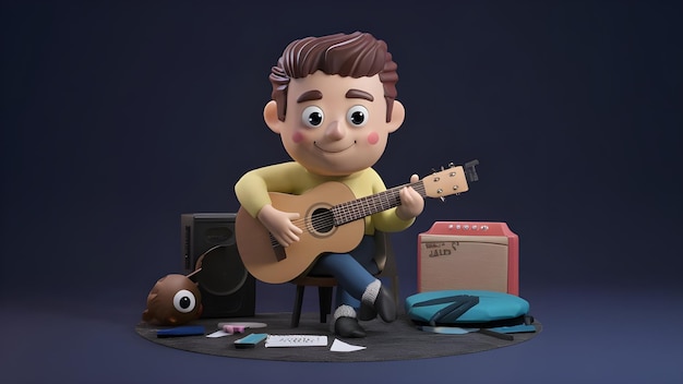 3d cute cartoon character a man playing a guitar