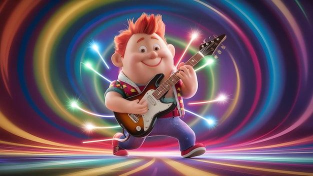 3d cute cartoon character a man playing a guitar