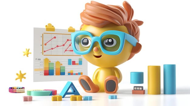 3D Cute Cartoon Icon Data Analyst Reviewing Performance Metrics for Improved Business Operations