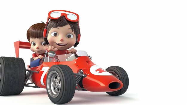 3D cute cartoon kids girl and boy playing Formula car