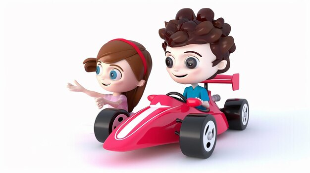 3D cute cartoon kids girl and boy playing Formula car