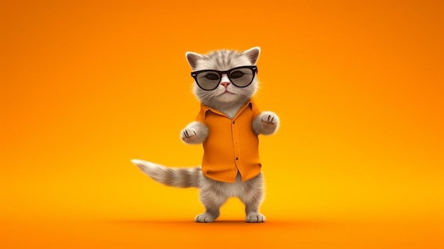 3d cute cat with sunglasses dancing isolated on orange background generative AI